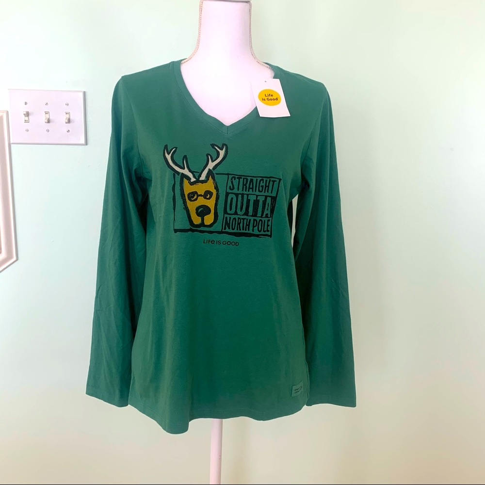 NWT Life is Good North Pole Reindeer V Neck Tee M